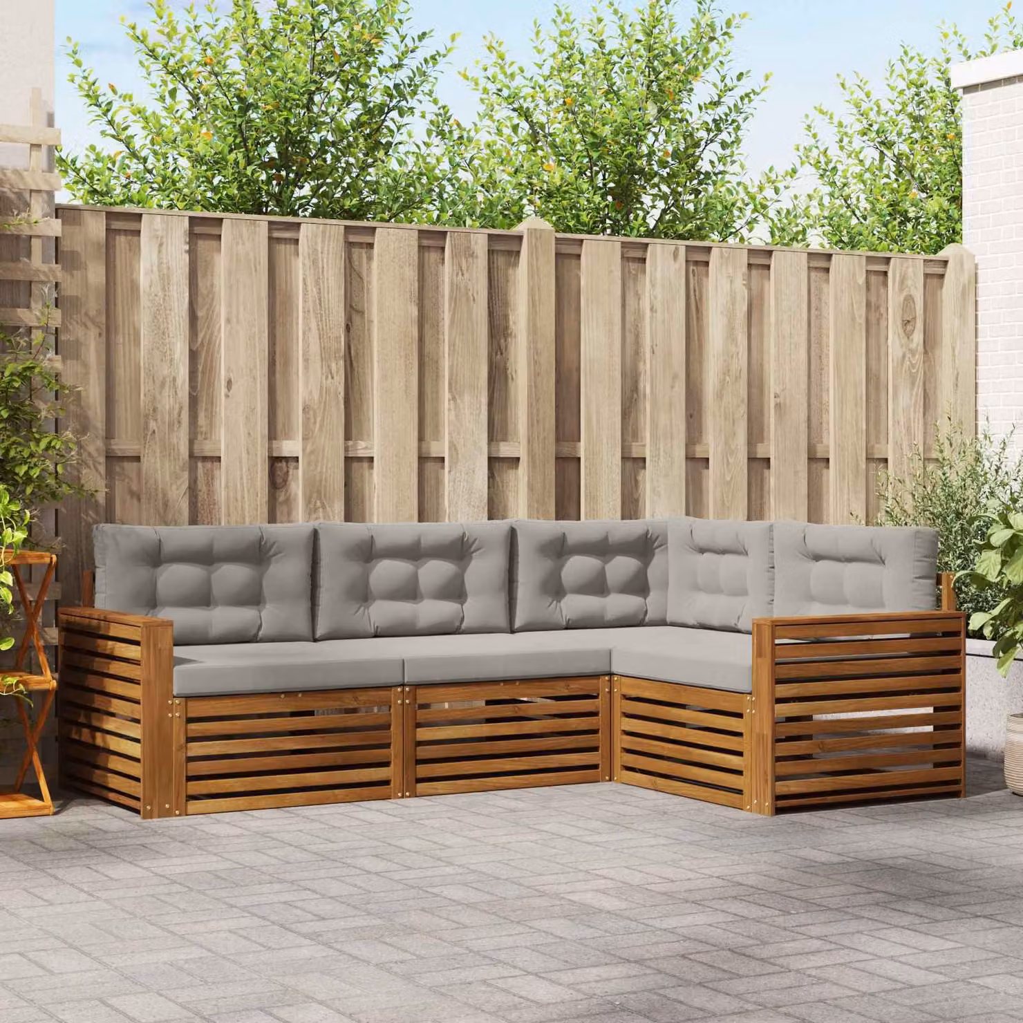 Set di divani da esterno vidaXL a forma di L in legno di acacia con cuscini, Grigio e Marrone