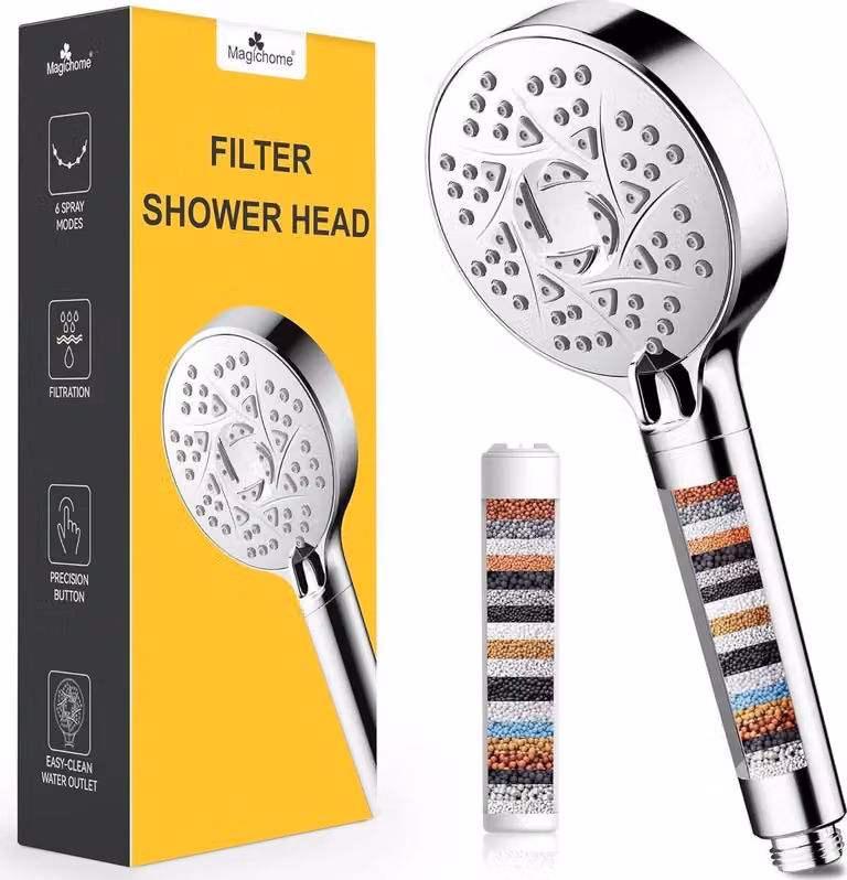 Doccia con filtro a 20 stadi, 6 tipi di getto, risparmio idrico, alta pressione, argento