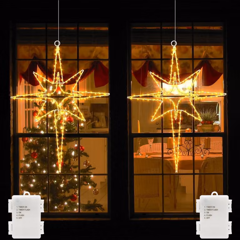 Illuminazione per finestre - Batterie - 120 LED - Decorazione natalizia da appendere - Decorazione per finestre con timer - Metallo - Stella di Natale - Tenda luminosa