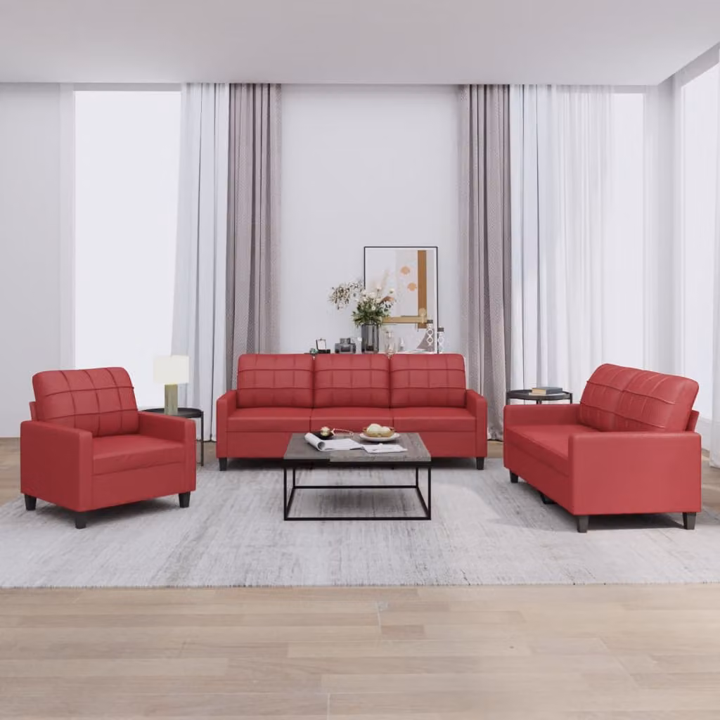 Set di divani 3 pezzi vidaXL in similpelle rossa con cuscini per il tuo soggiorno – 1