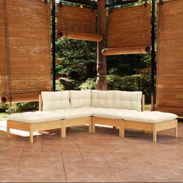 Set Divani da Giardino 5 pz con Cuscini Crema Massello di Pino 3096310