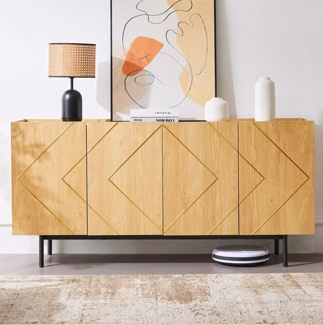 Credenza ULEVR 160x40x78 cm con 4 ante e ripiani regolabili, mobile contenitore in pannello truciolare naturale