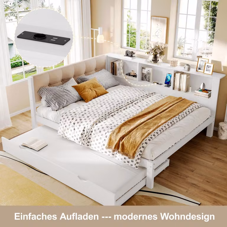 okwish Letto a daybed 140×200 con materasso e illuminazione LED regolabile, letto per bambini con letto estraibile e porta USB, letto in legno con ripiani aperti, bianco