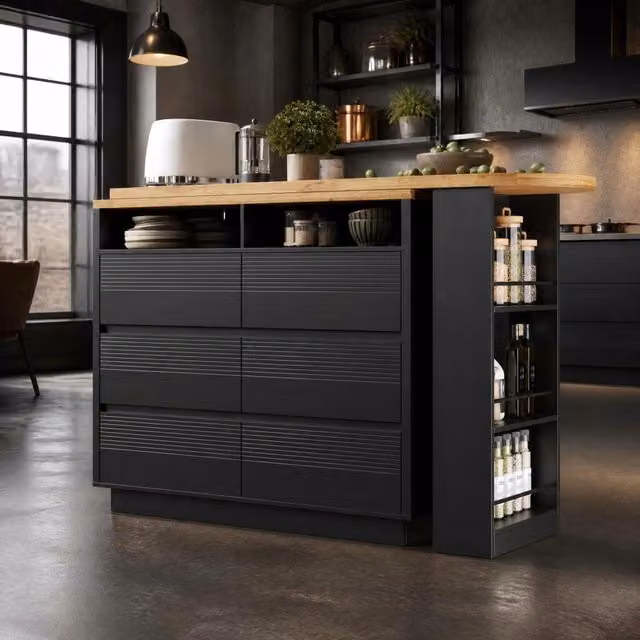 Tavolo bar estensibile 137-215x39x102.3 cm girevole con 6 cassetti in MDF nero