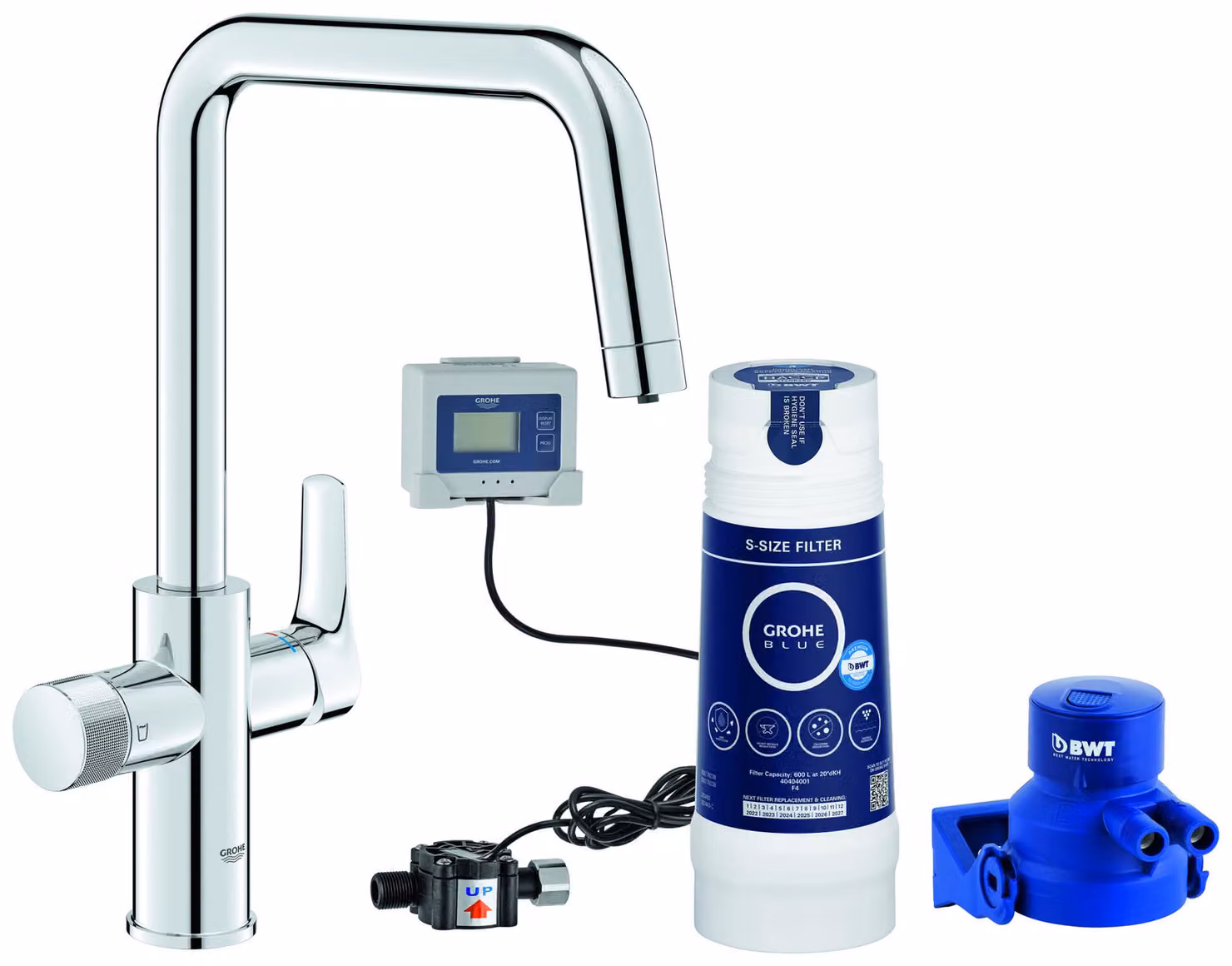 GROHE Blue Pure Eurosmart Mitigeur d'évier, bec en U, portée 223mm, kit de démarrage avec filtre S-Size, 30584000, 30584000