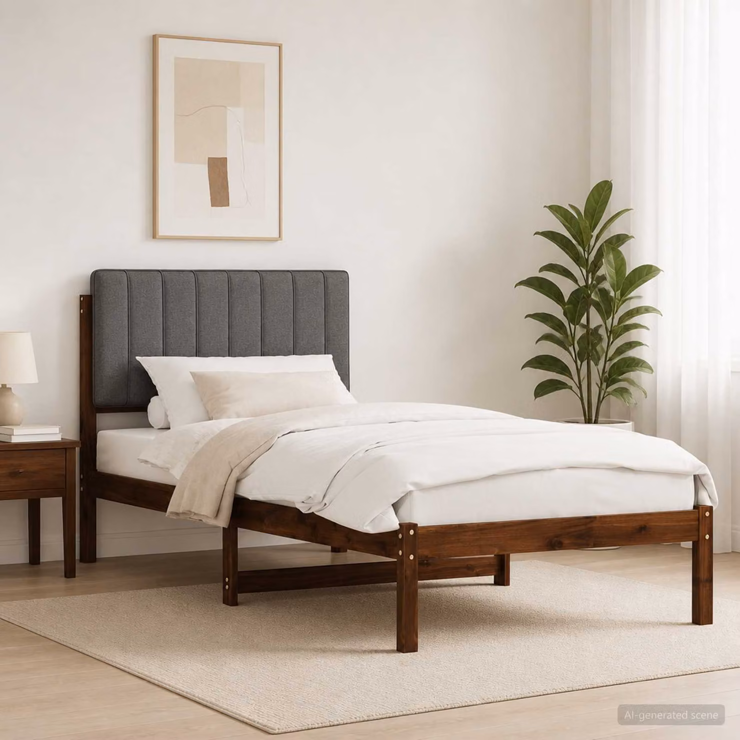 Letto con testiera rivestita vidaXL in legno di acacia e tessuto, marrone scuro e grigio chiaro, L/P/H: 196 x 140 x 81 cm