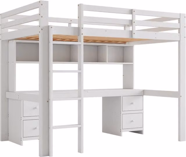 Letto a soppalco per bambini 90x200 cm in legno di pino bianco con scrivania e ampio spazio di stoccaggio