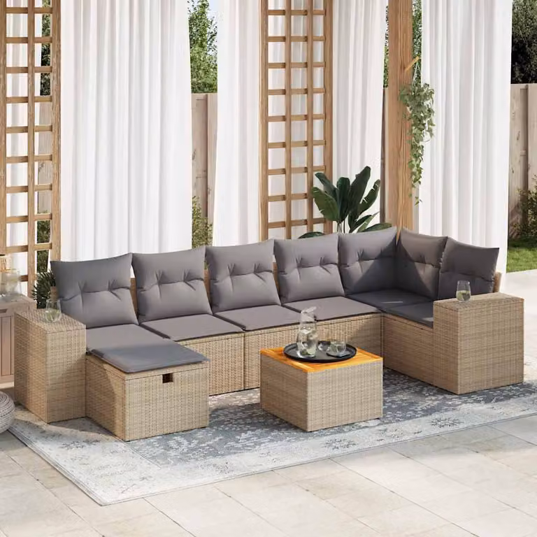 Set Divano da Giardino vidaXL 8 pz in Polyrattan con Cuscini Beige e Tavolino da Esterno a Forma di L