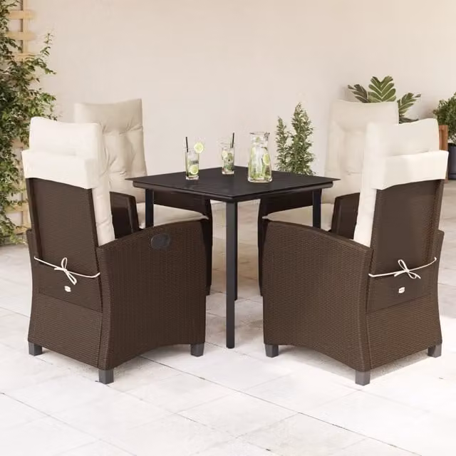 Set da Pranzo da Giardino Moderno vidaXL in Polyrattan con Piano in Vetro e Cuscini, Marrone