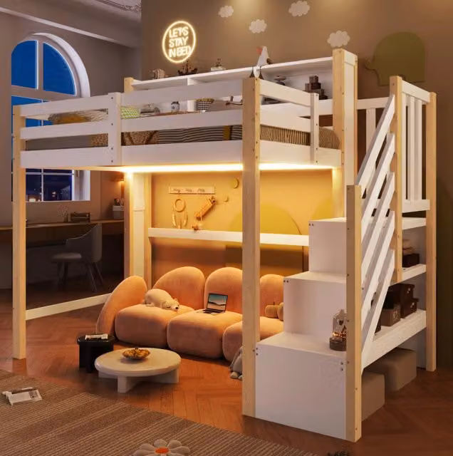 Letto a castello 90x200 cm in legno di pino con LED e ampio spazio contenitivo, scala con ripiani, bianco e naturale, senza materasso