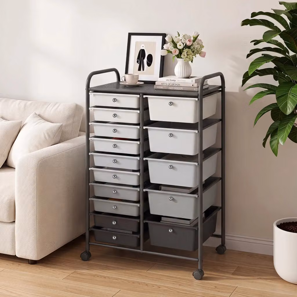 Carrello portaoggetti con 15 cassetti e ruote bloccabili DESIGN IN, cassettiera salvaspazio in plastica e metallo per casa e ufficio, Nero opaco – 2