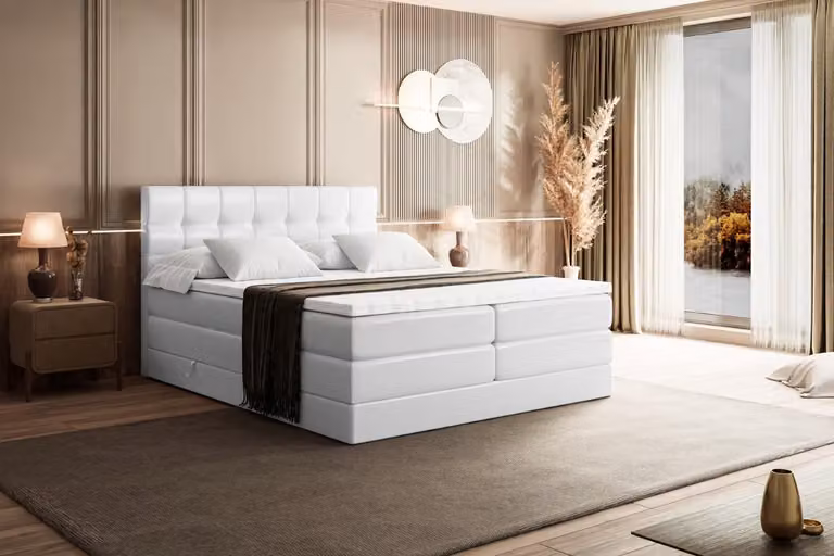 Letto boxspring ALTDECOR con materasso e rete a doghe - BERO KING 200x200 cm - Pelle finta bianca - Topper, letto imbottito con contenitore, letto con vano portaoggetti H3 e H4 - Materasso, letto matrimoniale, letto boxspring