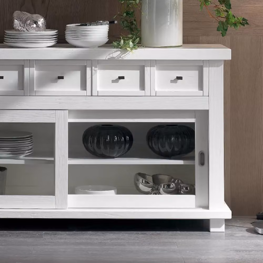 Madia credenza Mobili 2G in legno massello con 2 ante scorrevoli e vetro, bianco opaco, L: 160 cm, P: 45 cm, H: 86 cm – 4