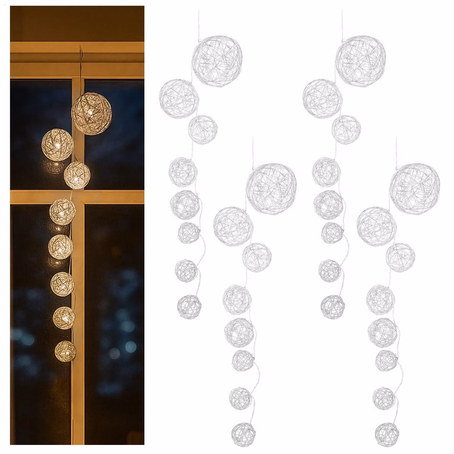 Set di 4 catene luminose a LED con 8 palline ciascuna, decorative, luce bianco caldo