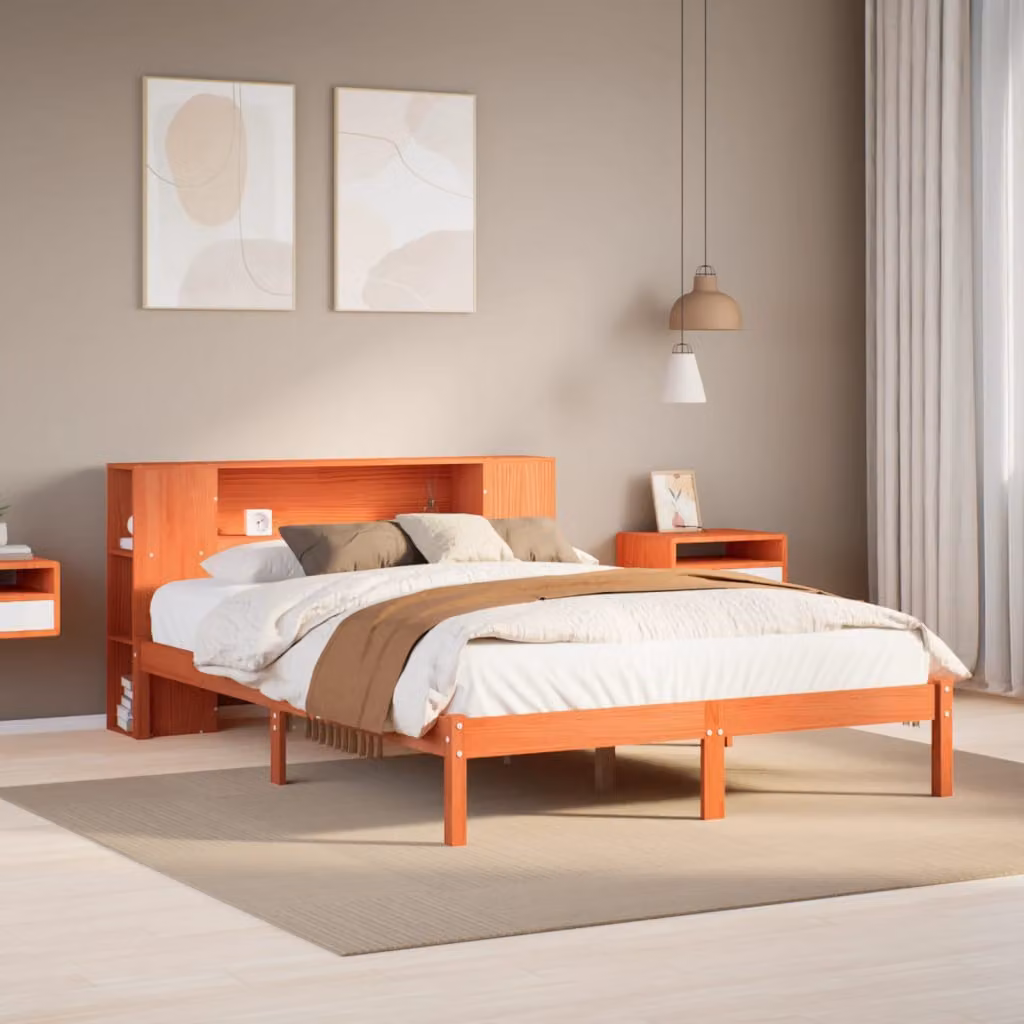 Letto Libreria vidaXL in Pino Massello Marrone Cera con Ripiani Laterali 150x200 cm