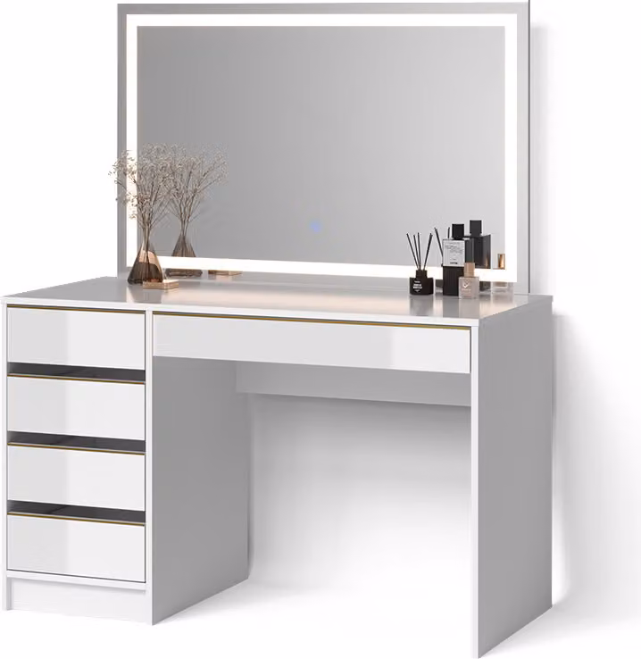 Tavolo da toilette Livinity Imola Bianco/Oro 120 cm con specchio a LED, Model 52451