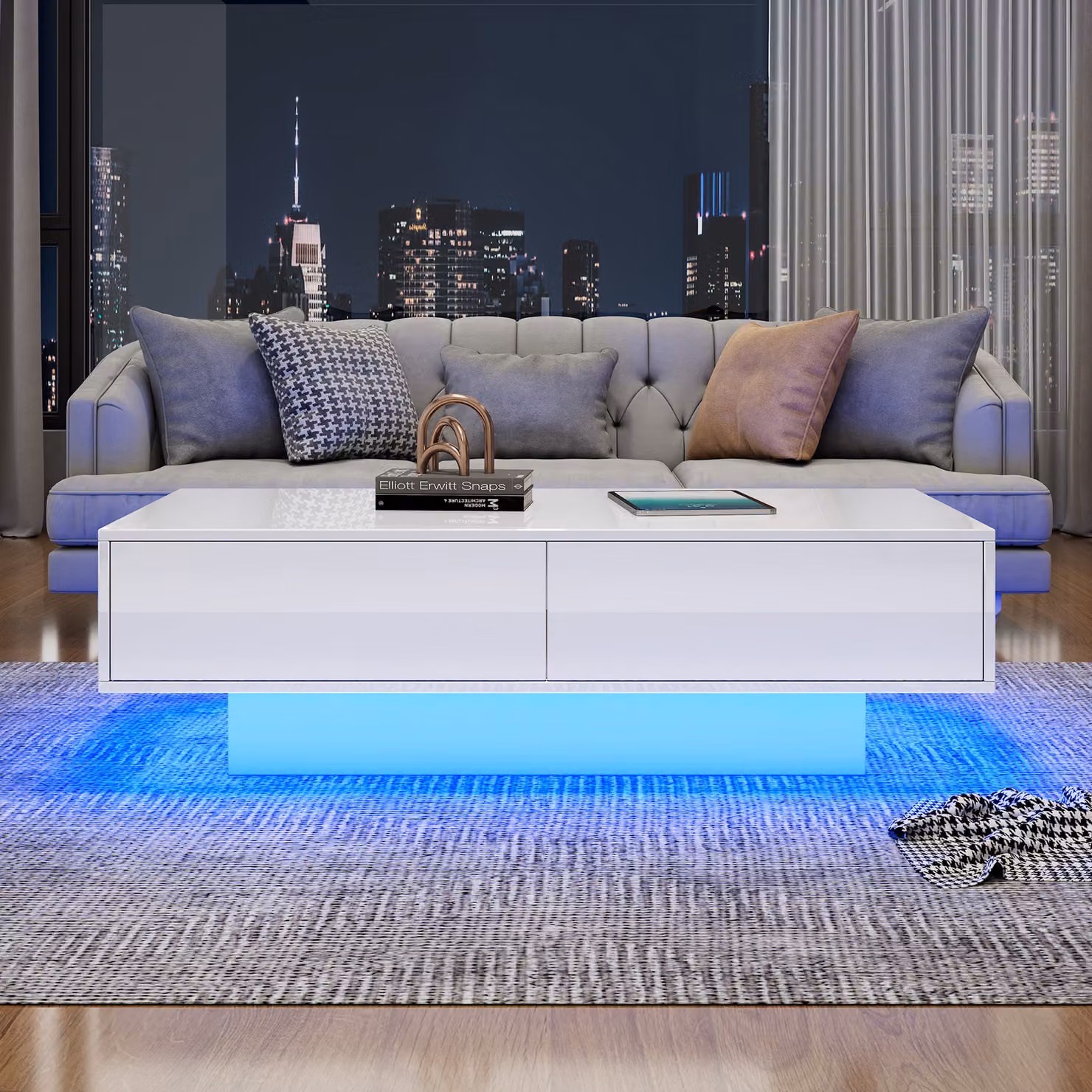 Abrihome tavolino con 2 cassetti e luci LED, tavolino da divano lucido, bianco