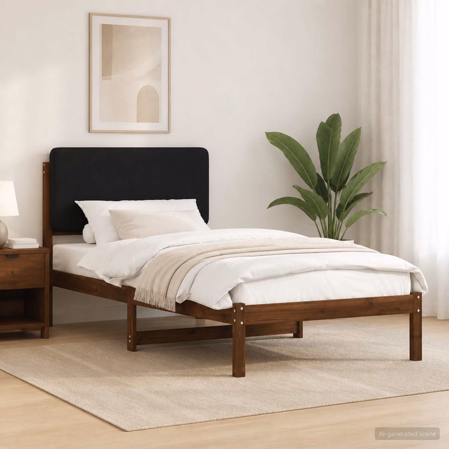 Letto con testiera rivestita vidaXL in legno di acacia, marrone scuro e nero, L/P/H: 90 x 190 x 96 cm