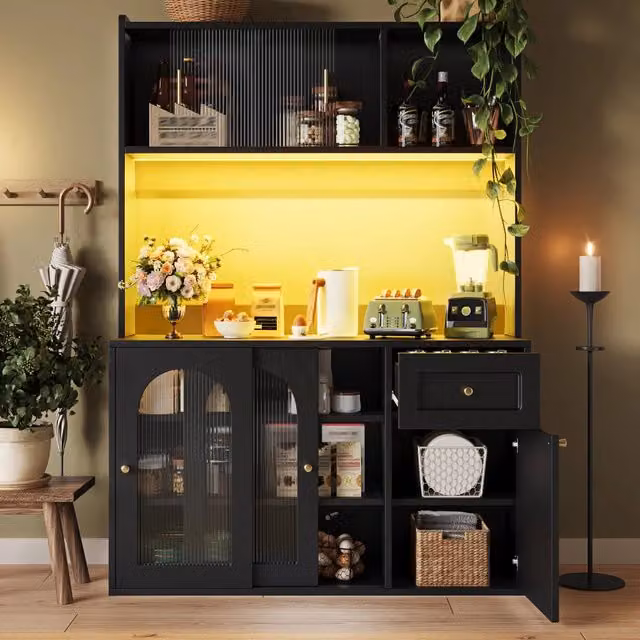 Credenza alta da cucina con vetrina, sideboard per sala da pranzo nero con ripiani regolabili e illuminazione LED