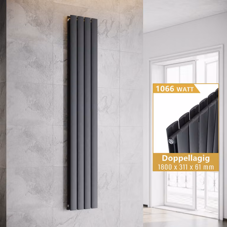 SONNI - Radiatore a pannello verticale, a due strati, colore antracite, dimensioni 1800x311 mm, senza resistenza riscaldante