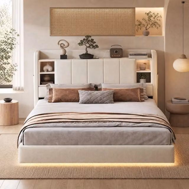 Letto moderno REDOM in tessuto beige con illuminazione LED, porta USB e ripiani laterali L/P/H: 214.5 x 140 x 200 cm