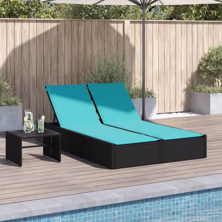 Lettino prendisole doppio vidaXL in polyrattan nero con cuscini turchesi e poggiatesta regolabile