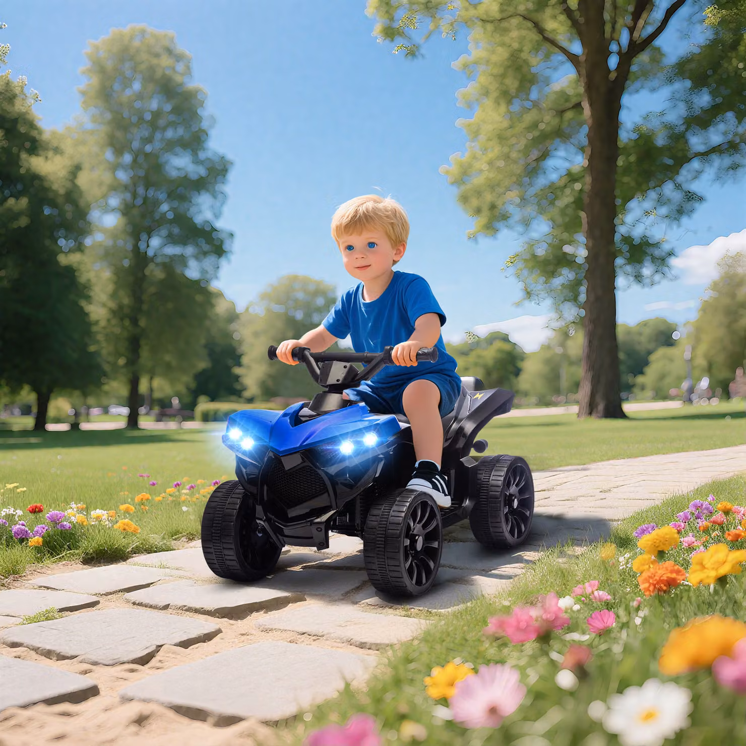 Quad Elettrico per Bambini AIYAPLAY ATV con Batteria Ricaricabile 6V, Fari LED e Musica, Blu – 2