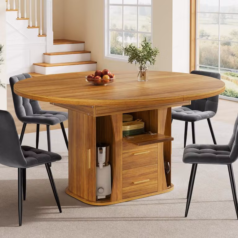 Tavolo allungabile rotondo, trasformabile in ovale, con diametro da 118 a 158 cm, in legno di noce, per un massimo di 6 persone