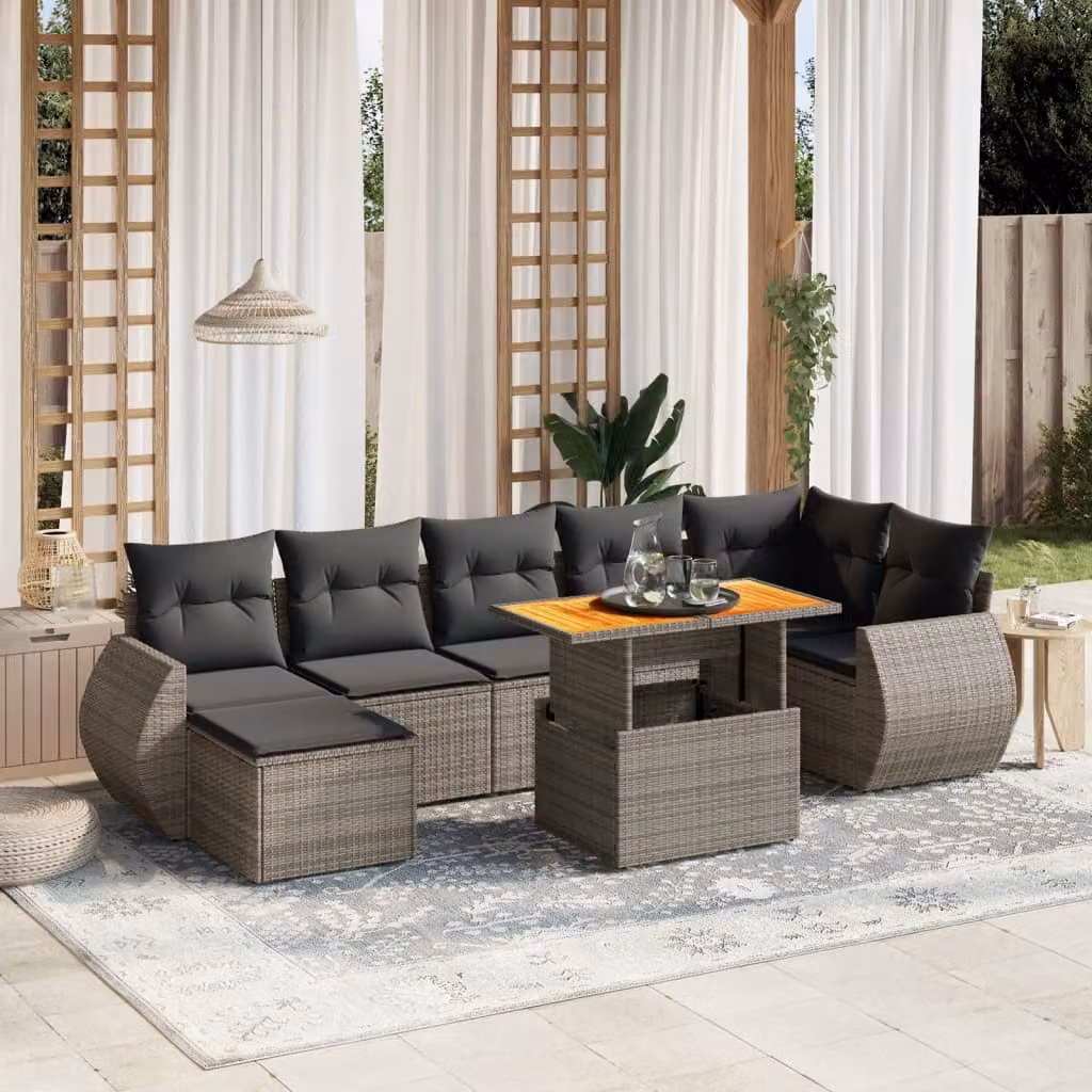 Set Divano da Giardino vidaXL 8 pz in Polyrattan Grigio con Cuscini Imbottiti e Tavolino – 1