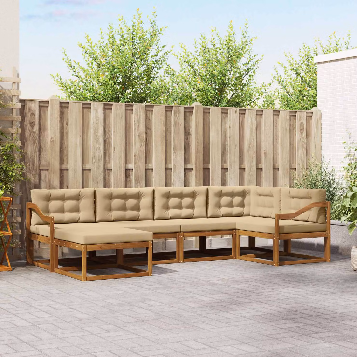 Set di divani da esterno vidaXL a forma di L in legno di acacia con pouf e cuscini, Beige