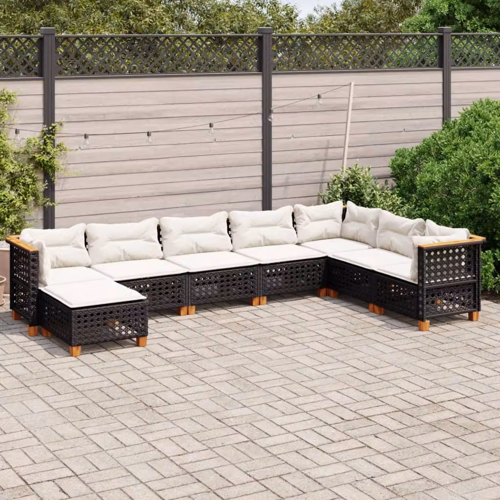 Set Divani da Giardino vidaXL a Forma di L in Polyrattan con Cuscini Bianchi e Struttura in Legno di Acacia Nero – 1