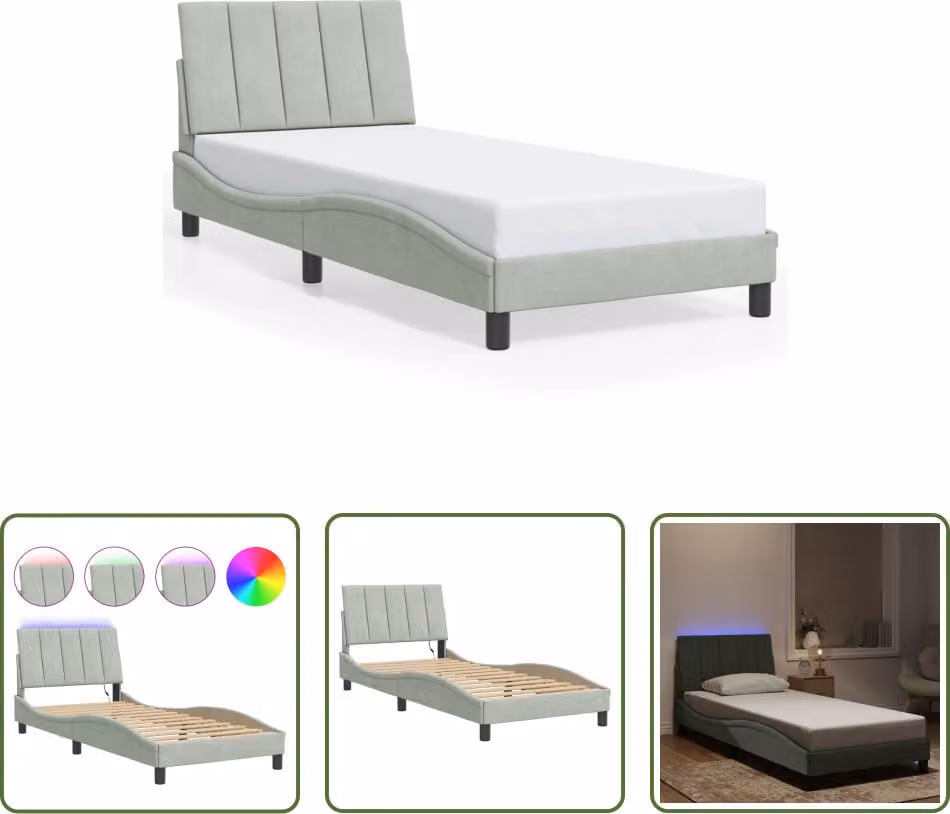 The Living Store Struttura letto con luci LED grigio chiaro 90x190 cm in velluto