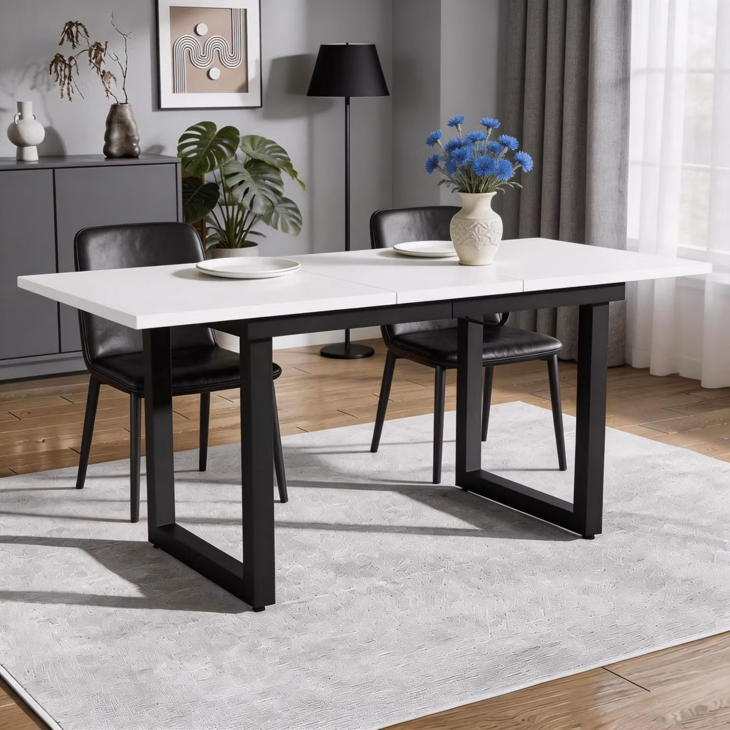Tavolo da pranzo allungabile, dimensioni 140/180x80x75 cm, struttura in metallo, piano in MDF con finitura effetto legno di quercia, colore nero, forma rettangolare