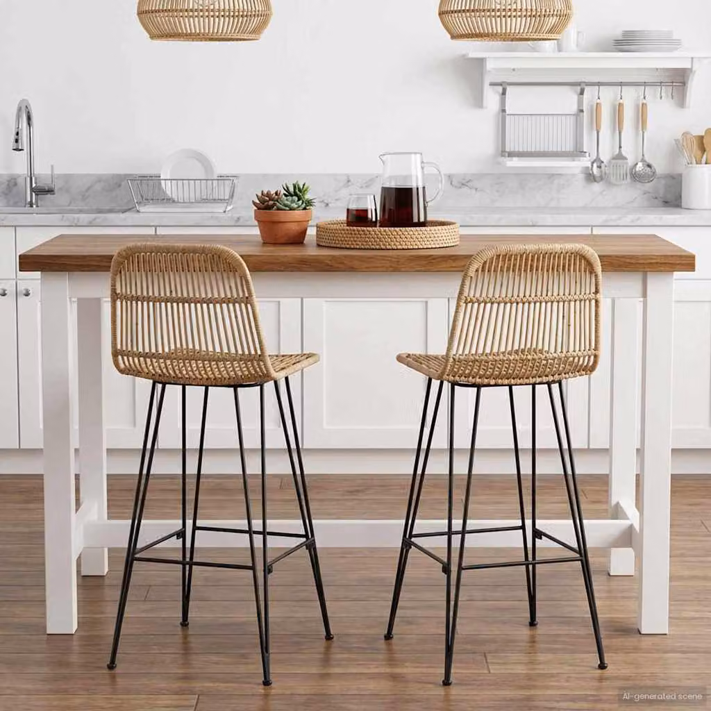 Set di 2 sgabelli da bar vidaXL in rattan e acciaio, colore naturale beige e marrone, L 44 cm x P 55 cm x H 109 cm