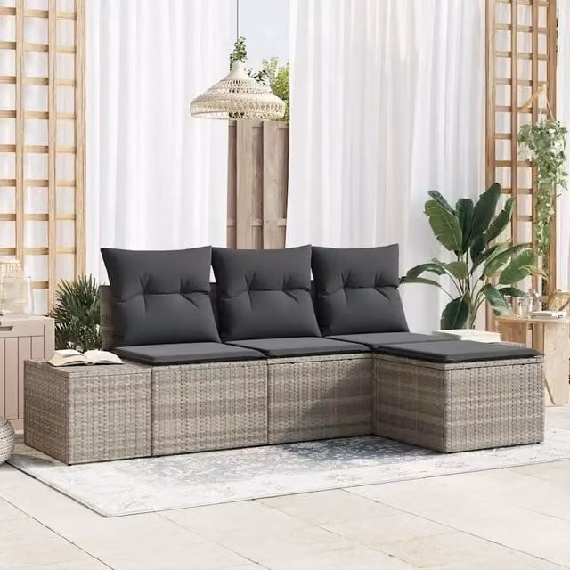 Set Divano da Giardino 4 pz-Sofa da Giardino-Divanetto da esterno Grigio chiaro Poly Rattan 291491