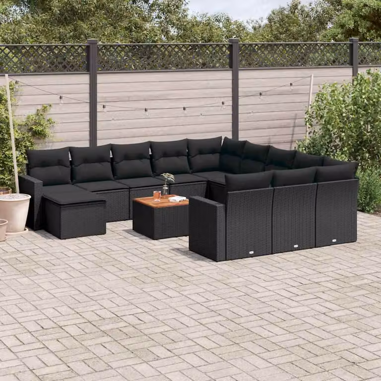 vidaXL Set Divani da Giardino a L con Cuscini Nero in Polyrattan e Legno di Acacia