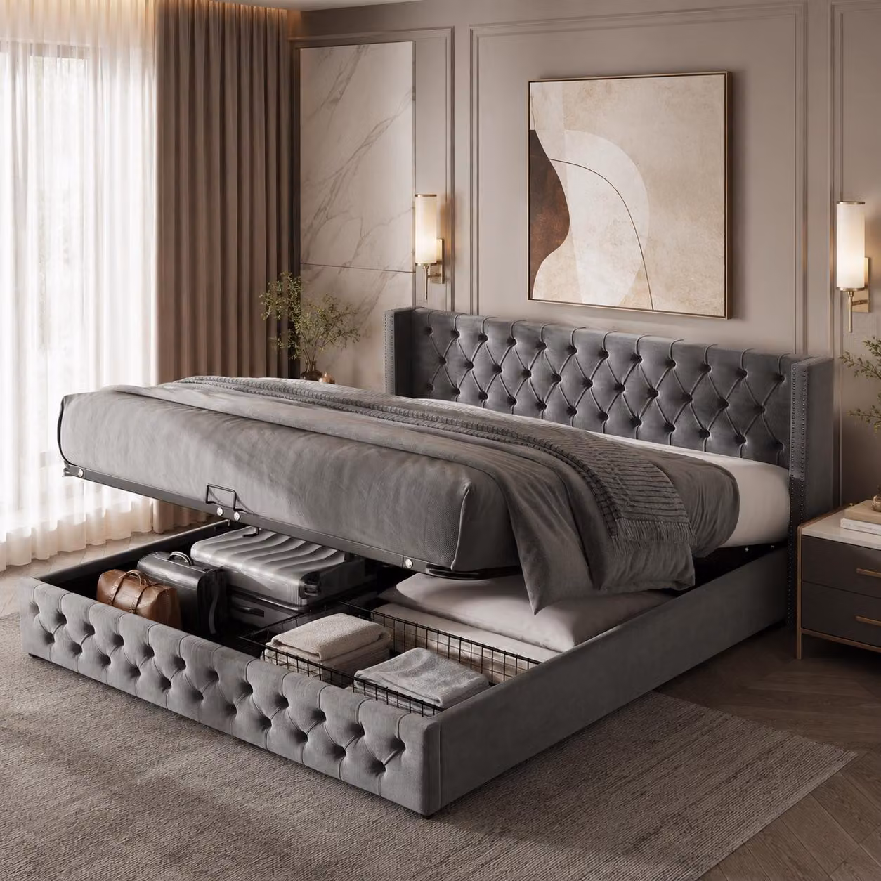 Letto imbottito STILVORA 180×200 cm, letto matrimoniale, letto funzionale idraulico per ragazzi con rivestimento in tessuto non tessuto nero antimacchia, grigio (senza materasso)