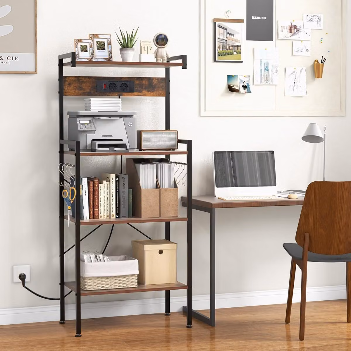 Scaffale da cucina Costway con prese di corrente e supporto per microonde a 4 livelli, Marrone rustico