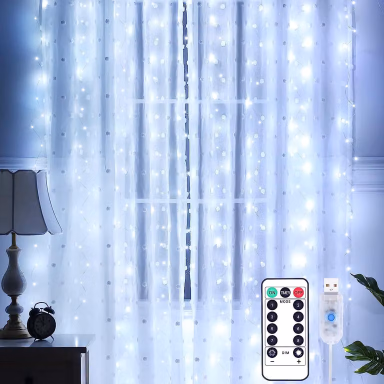 Tenda luminosa a LED, 3x3 metri, 300 LED, luce bianca fredda, grado di protezione IP65, 8 modalità, telecomando