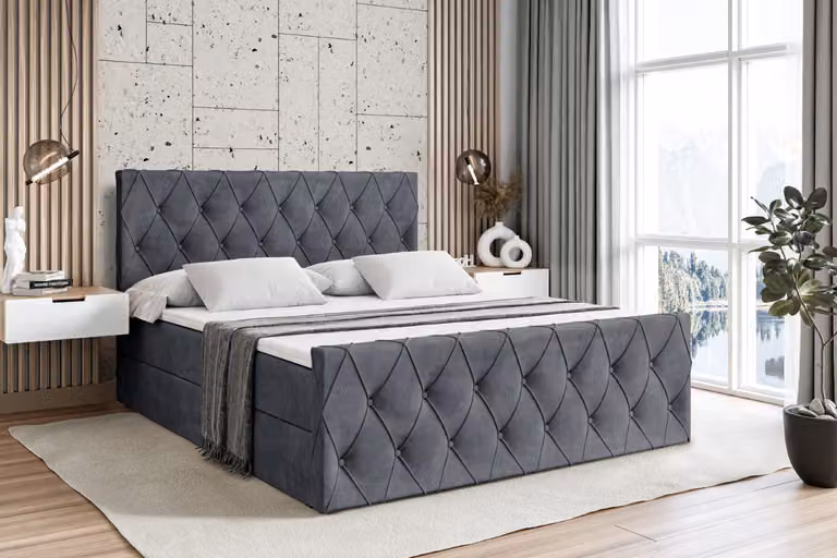 Letto boxspring ALTDECOR con materasso e rete a doghe - AMAY - 180x200 cm - Velluto grigio scuro - Letto boxspring, pediera, topper, letto imbottito con contenitore, letto con vano portaoggetti H4 - Materasso, letto matrimoniale, letto boxspring