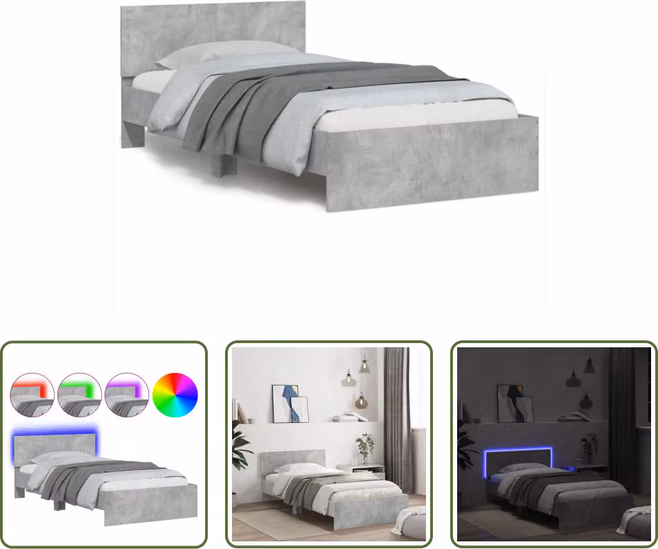 The Living Store Struttura letto con testiera e luci LED grigio cemento 100x200 cm