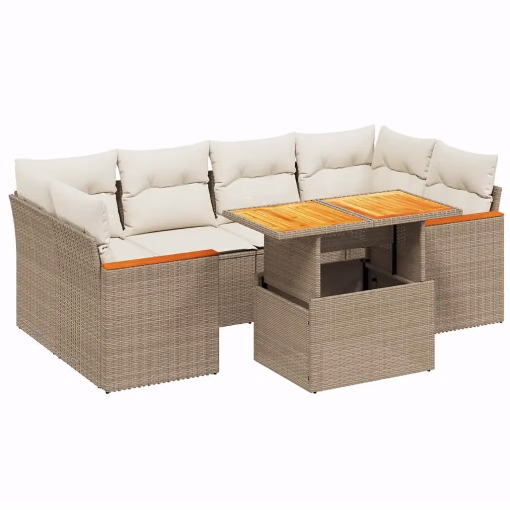 Set Divani da Giardino vidaXL 7 pz a Forma a L con Cuscini Beige e Tavolino, Polyrattan e Acciaio Verniciato a Polvere – 2
