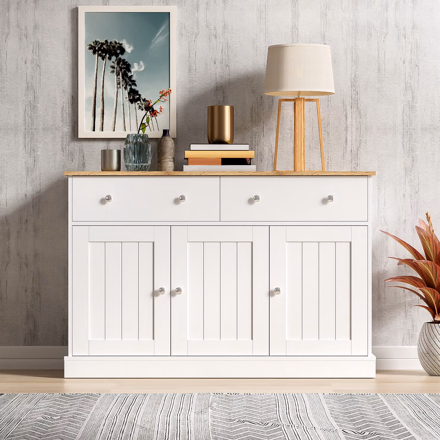 Credenza Merax con 2 cassetti e 3 ante, cassettiera in stile country con cerniere ad apertura push-to-open e soft-close, buffet, credenza 120x36x80,5 cm