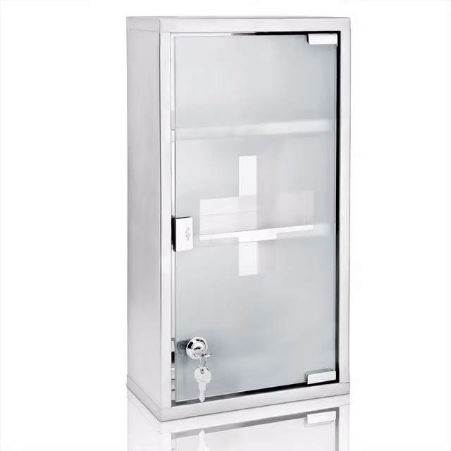 Armadietto per medicinali e pronto soccorso Deuba con ante in vetro e serratura, colore argento, da appendere al muro, L: 48.5 cm, H: 25.0 cm, P: 12.0 cm