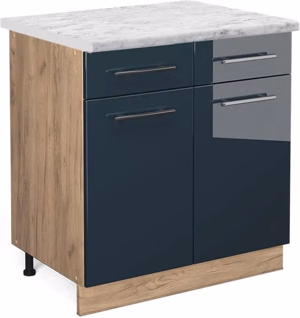 Mobiletto base per cucina Fame-Line Blu scuro lucido/Rovere dorato 80 cm, PL Marmo Vicco