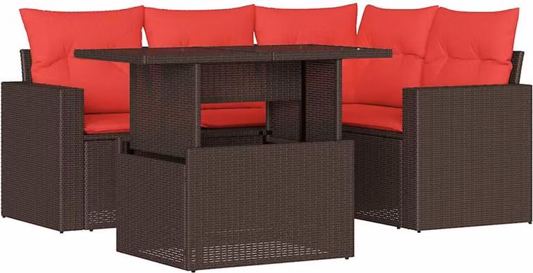 Set Divani da Giardino 5 pz con Cuscini Marrone in Polyrattan