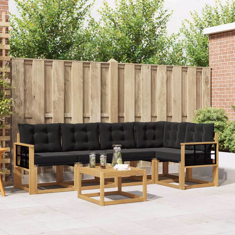 Set di divani da esterno vidaXL a forma di L composto da 6 pezzi con tavolo da caffè, in legno di acacia trattato e tessuto textilene, colori bianco, nero e marrone