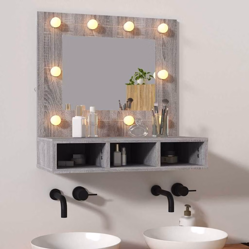 Armadietto da bagno con specchio e illuminazione LED vidaXL, Grigio Sonoma, L: 60 cm, P: 31,5 cm, H: 62 cm