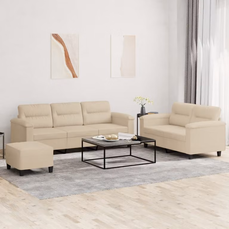 vidaXL Set Divani 3 pz con Cuscini Beige in Tessuto Microfibra con Ottoman e Braccioli