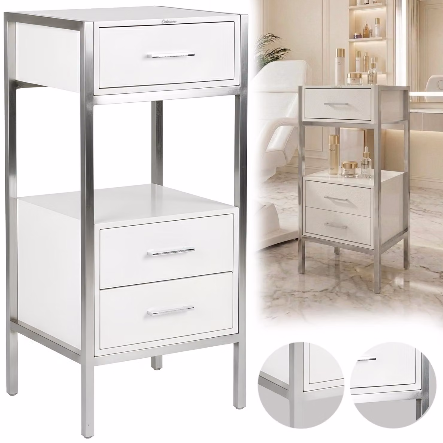 Assistente cosmetico parrucchiere per salone, carrello universale con cassetto su ruote.